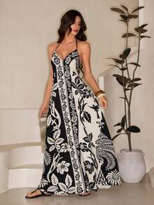 SHEIN Tall 女士度假热带波西米亚风花朵椰树印花吊带系带休闲沙滩夏季长裙 - 彩色 - 查看 4