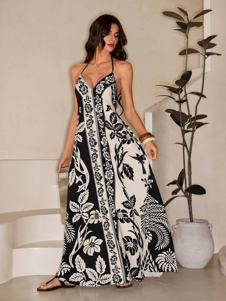 SHEIN Tall 女士度假热带波西米亚风花朵椰树印花吊带系带休闲沙滩夏季长裙 - 彩色 - 查看 1