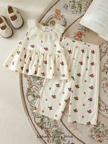Cozy Pixies 2pcs Baby Girl Floral Print Crew Neck Sleeveless Top And Elastic Waist Pants Set - Multicolor - View 5