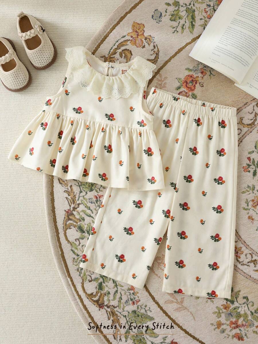 Cozy Pixies 2pcs Baby Girl Floral Print Crew Neck Sleeveless Top And Elastic Waist Pants Set - Multicolor - View 1