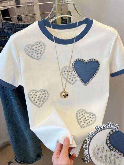 Teen Girls Heart Print Graphic Loose Casual Contrast Block Color Strip Round Neck T-Shirt