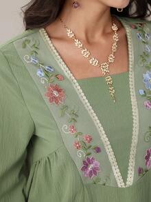 Yasmyna Colorful Embroidered Floral Trim Patchwork Solid Green Long Cardigan - Green - View 3