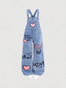 SHEIN Girlism Bộ quần yếm denim dáng rộng, ống đứng, họa tiết hoa trái tim cầu vồng graffiti phong cách Y2K cho bé gái, không kèm áo thun, thích hợp mặc mùa thu đông, đi học, dự tiệc, phong cách đường phố, trang phục Y2K cho bé gái, bộ đồ dễ thương cho bé gái, trang phục thập niên 90, quần áo dễ thương. - Rửa trung bình - Xem 5