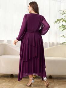 Reflora 大码优雅纯色褶皱腰灯笼袖连衣裙，秋季 - 紫色 - 查看 2