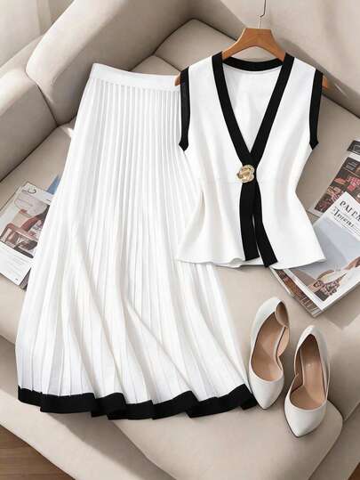 Franclia 女士春夏针织两件套，上衣搭配背心开衫，金属纽扣装饰，A字裙，优雅度假装扮