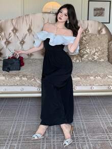 DAZY Elegant Dress For Women, Patchwork Color Block Ruffle Open Shoulder Cinched Waist, Suitable For Banquet In Spring And Autumn Sundress Off The Shoulder - Black - View 8