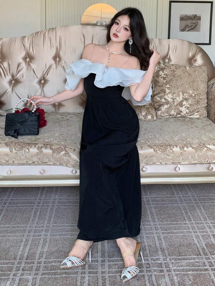 Elegant Dress For Women, Patchwork Color Block Ruffle Open Shoulder Cinched Waist, Suitable For Banquet In Spring And Autumn Sundress Off The Shoulder