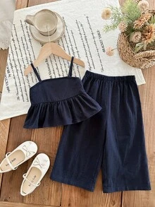 SHEIN 女宝宝休闲可爱度假藏蓝色蝴蝶结吊带背心和松紧腰裤套装 - 藏蓝色 - 查看 5