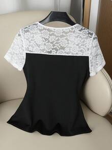 Selianne Women's Elegant Black And White Lace Patchwork Deep V-Neck Bow Tie Fitted Crop Top,Summer Tea Party Urban Chic Style,Daily Wear,Weddings,Galas,Dates - Black - View 2