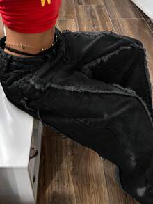 SHEIN EZwear 大码女式复古水洗牛仔裤，秋冬款 - 黑色 - 查看 6