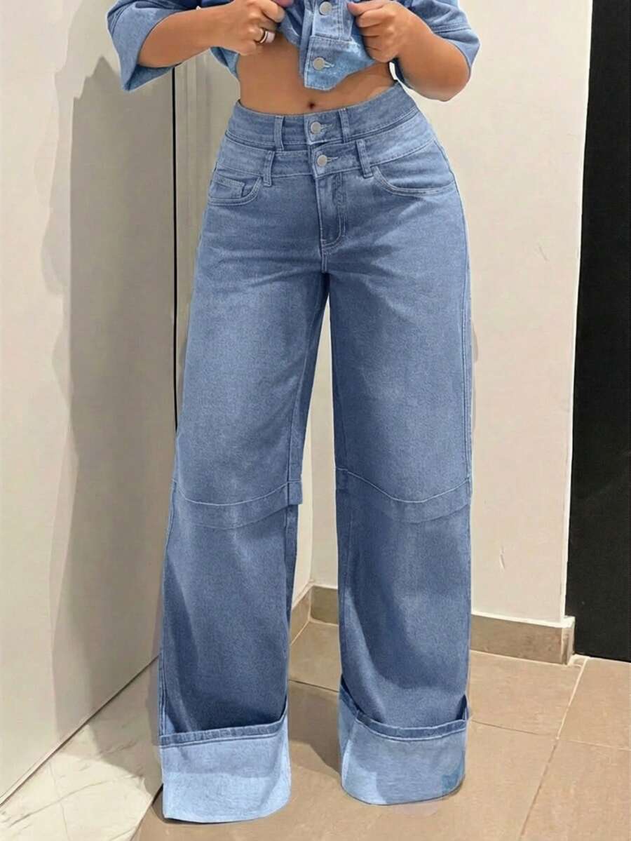 SHEIN Unity 女士休闲水洗双腰牛仔裤 - 中等水洗藍 - 查看 1