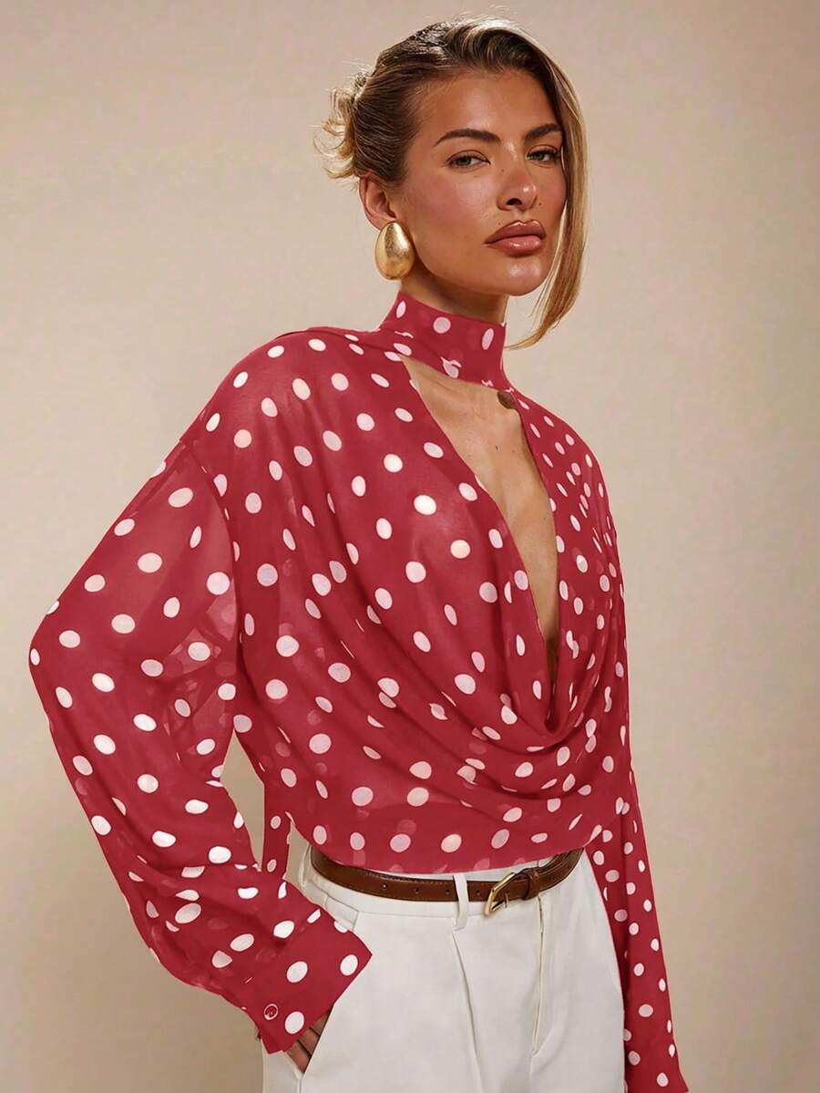 COSMINA Áo kiểu nữ thời trang gợi cảm in họa tiết chấm bi cổ khoét sâu - Đỏ - Xem 1