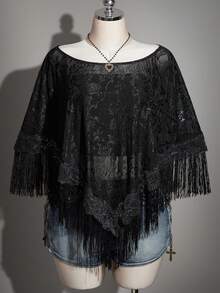 SHEIN ICON 大码女式复古性感优雅个性前卫大胆现代时尚都市新款中式宴会/晚宴网纱提花拼接流苏半透明圆领黑色宽松上衣 - 黑色 - 查看 10