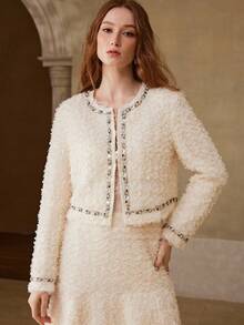 MOTF PREMIUM 女士水钻装饰开襟外套 - 米色 - 查看 4