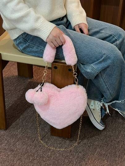 Joivida Faux Fur Heart Shaped Handbag Plush Tote Crossbody Bag For Women Stylish Spacious Capacity Day To Night Versatile Fashion Accessory