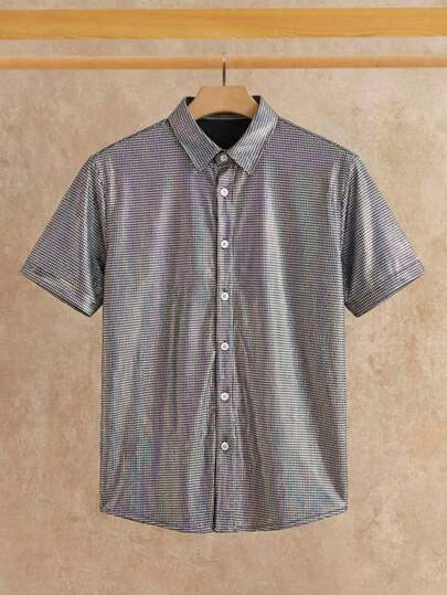 HIMLAND Men's Casual Everyday Sequin Decorated Short Sleeve Shirt Mens Short Sleeve Shirt Grey Men Shirt Checkered Men Shirt Silver Men Shirt Button Up Men Shirt