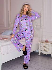 可爱兔子和爱心印花圆领长袖女士睡衣套装 - 彩色 - 查看 3