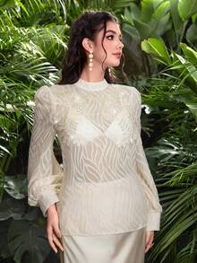 Modelyn Women's Elegant Silk Crinkle Long Sleeve Floral Blouse, Spring/Summer - Apricot - View 4