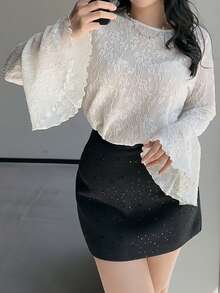 Dazy Plus Áo thun nữ cỡ lớn cổ tròn tay loe họa tiết jacquard thanh lịch để đi chơi. - trắng - Xem 2