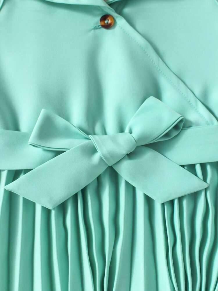 SHEIN Elladie kids Girls Pleated Collar Belted Midi Dress, Elegant & Graceful Holiday Dress - Mint Green - View 8