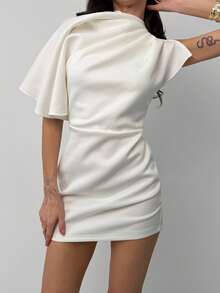 Aloruh Trang phục công sở tối giản với điểm nhấn kim loại trắng, mẫu đầm ngắn ôm sát cổ bẻ mới mùa xuân/hè dành cho nữ. - trắng - Xem 4