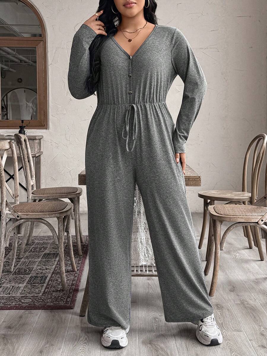 Elenzga 大码新款针织休闲V领长袖连体裤，适合秋、冬、春季穿着