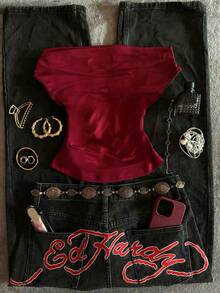 Glimmora 1件装女士露肩纯色极简短款上衣 - 酒紅色 - 查看 2