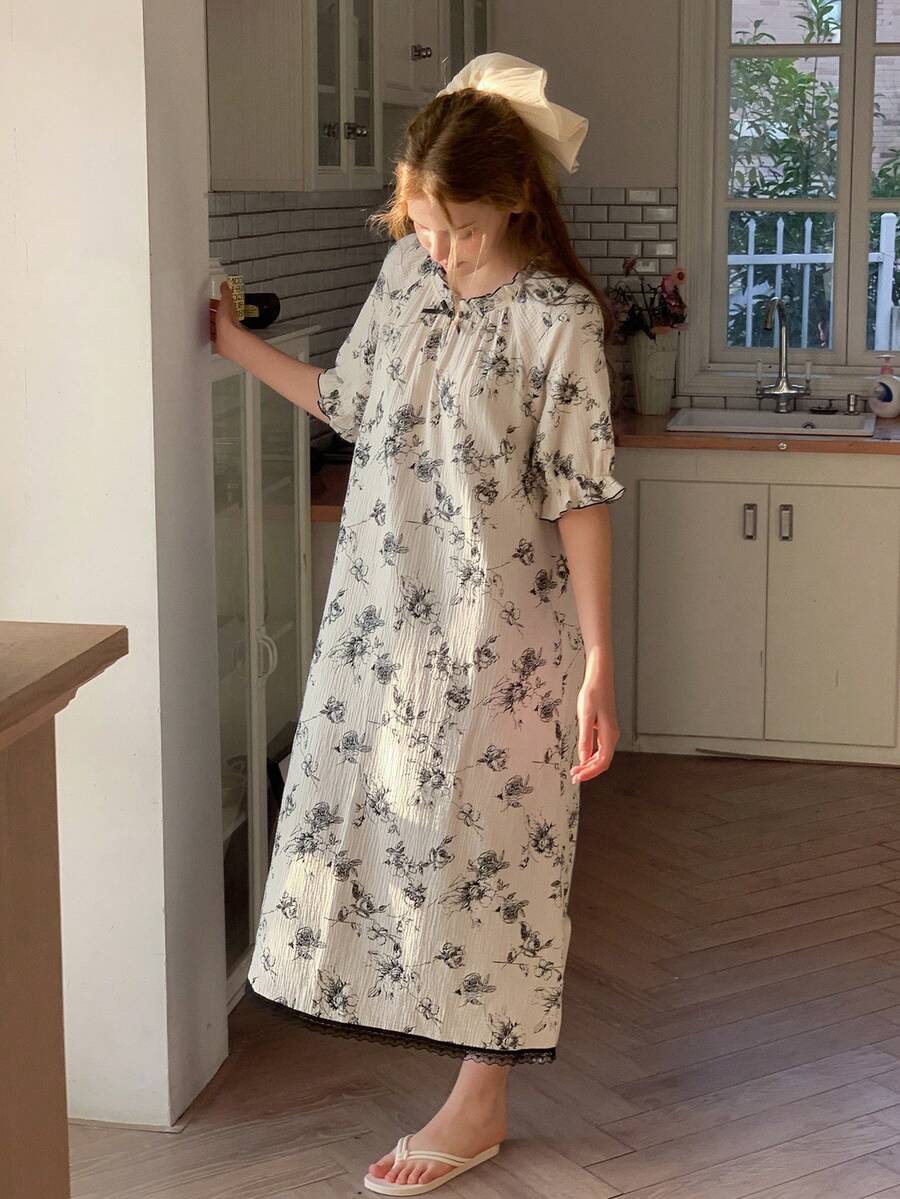 DAZY 少女碎花荷叶边纹理夏季睡裙