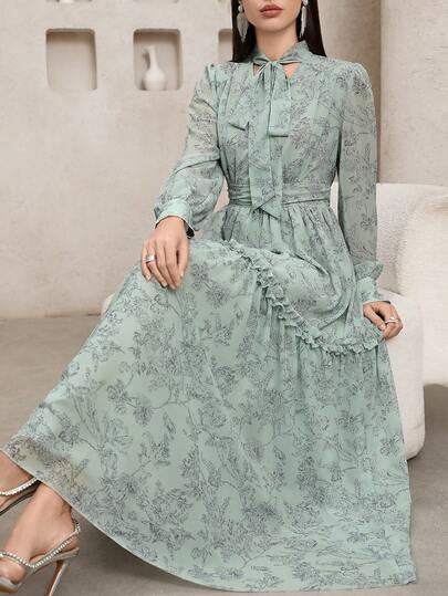 Veilorie Vestido elegante de manga larga con cuello de corbata y estampado total para mujer