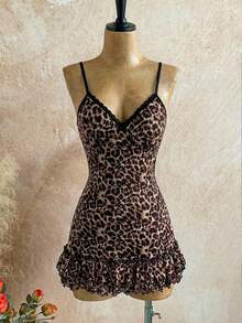 Attitoon 休闲复古朋克 Y2K 百搭派对、音乐节、哥特风、西部风豹纹网纱蕾丝拼接蝴蝶结荷叶边迷你连衣裙，适合夏季外出穿着。 - 彩色 - 查看 5