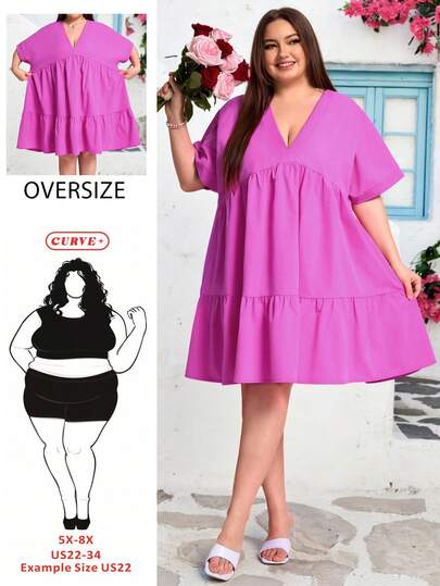 SHEIN CURVE+ CURVE PLUS /Valentine's Day/Plus Size Women Striped V-Neck Batwing Short Sleeve Ruffle Hem Casual Dressfall Clothes For Women,Winter,CURVE PLUS