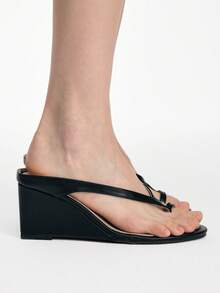 Mnmlis 女士纯色时尚百搭坡跟凉鞋，适合日常穿着 - 黑色 - 查看 4