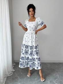 Rafferiza Women's Elegant White And Blue Floral Mid-Length Dress,Square Neckline,Gathered Back Yoke,Elastic Waist,Summer Holiday Vacation Casual Floral Dress - Multicolor - View 6