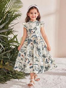 SHEIN Young Girl Ditsy Floral Sleeveless Ruffle Collar Chiffon Dress - Beige - View 4