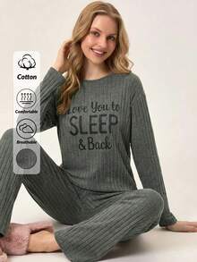 EURMUSE Love You To Sleep & Back Ribbed Pajama Set – Cozy Long Sleeve Loungewear For Sweet Dreams - Green - View 1