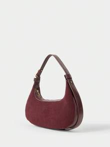 SHECARRY Corduroy Handbag, Fashionable Shoulder Bag, Casual Crescent Crossbody Bag, Autumn/Winter New Arrival - Wine red - View 3