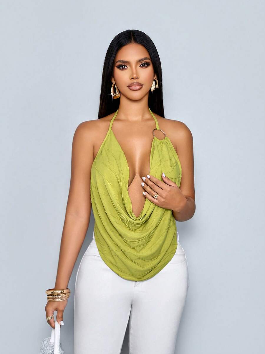 SOLERSUN Elegant And Sexy Solid Color Jacquard Halter Neck Top/Tank Top For Women, Perfect For A Valentine's Day Date. - Green - View 1