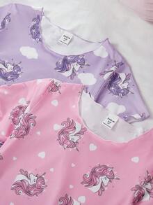 2pcs/Set Girls Cartoon Print Knit Short Sleeve Nightgown Pajamas, Spring/Summer - Multicolor - View 5