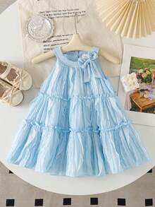 SHEIN 女婴春季无袖天蓝色A字连衣裙，饰有蝴蝶结，甜美公主风，圆领，适合日常穿着 - 藍色 - 查看 3