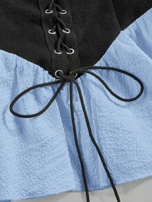 SHEIN MOD Áo kiểu cổ điển cỡ lớn, tay loe khoét rỗng, eo buộc dây tương phản. - Màu xanh lam - Xem 3