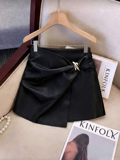 Franclia Women's Fashionable Elegant Party Versatile Asymmetric Metal Buckle Decor Leather Skirt