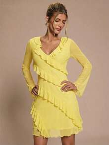 SHEIN BAE Women's Solid Color V-Neck Ruffle Trim Tie Front Fashion Date Party Mini Dress - Yellow - View 6