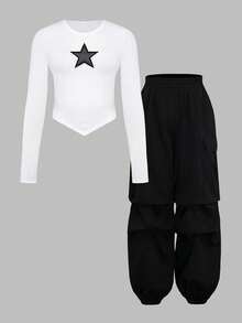 SHEIN Girlism 2pcs Tween Girls Casual Ribbed Star Print T-Shirt And Ruched Pants Set - Black and White - View 1