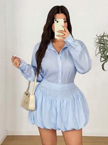 Vionelle Bộ đồ 2 món cỡ lớn, kiểu dáng thường ngày, gồm áo sơ mi dài tay kẻ sọc cài cúc và chân váy ngắn, thích hợp cho mùa thu. - Màu xanh lam - Xem 2