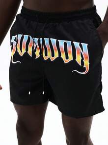 SUMWON Men's Board Shorts With Flame Gothic Text Graphics Summer Beach Swimming Trunks Elastic Waistband Side Pockets Vacation Swimwear - Black - View 5