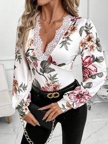 SHEIN Clasi 豹纹蕾丝V领女士长袖连体衣 - 彩色 - 查看 6