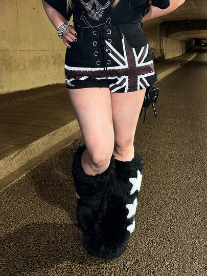 Grunge Punk Vintage Amerikanische Flagge Muster Nieten Punk Damen Denim Shorts in Große Größen