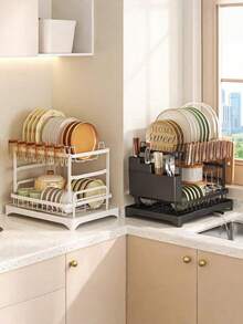 双层厨房置物架，快速排水，带刀叉架、砧板架，保持台面干燥 - 节省空间的多功能碗碟置物架，可放置碗碟，碗碟架 | 时尚金属架 | 耐用厨房用品，厨房收纳整理架。 - 彩色 - 查看 2