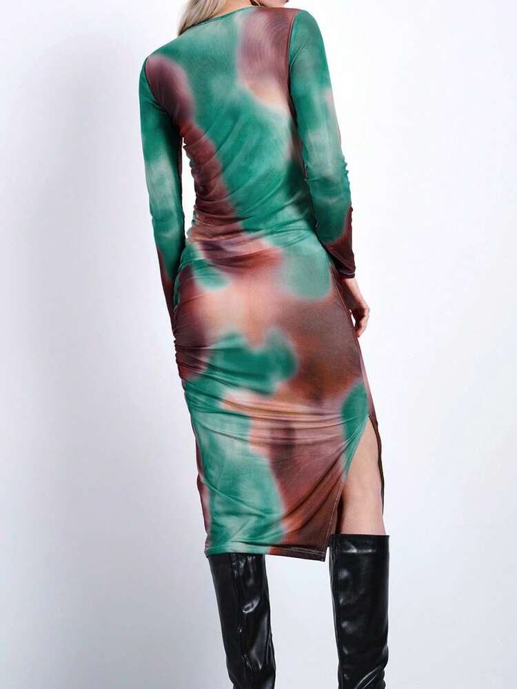 SHEIN Maija Women Fashion Tie Dye Print Color Matching Round Neck Long Sleeve Elegant Romantic Dress, Ruched Side Waist Design, Ideal For Spring/Summer, Valentine's Day, Holiday, Vacation Festival