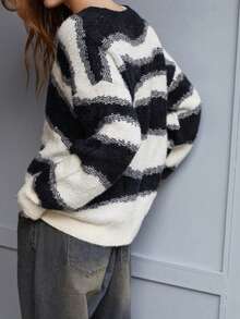 Maija 女士黑白撞色休闲宽松圆领长袖毛衣，四季皆宜，春季嬉皮风 - 黑與白 - 查看 4